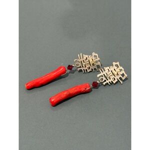 Double Happiness Earrings  Silver Tone Red Imitation Coral Clip On Dangle Drop